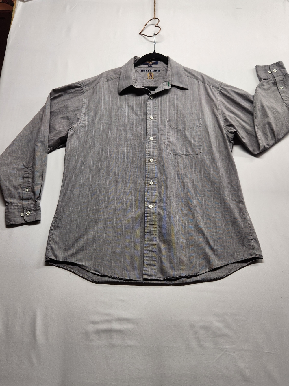 ⭐️Tommy Hilfiger Men's Grey Plaid Dress Shirt 16.5 34/35 L Classic Business